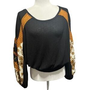 Free People Mixed Print Balloon Sleeve Thermal Top Size Small
